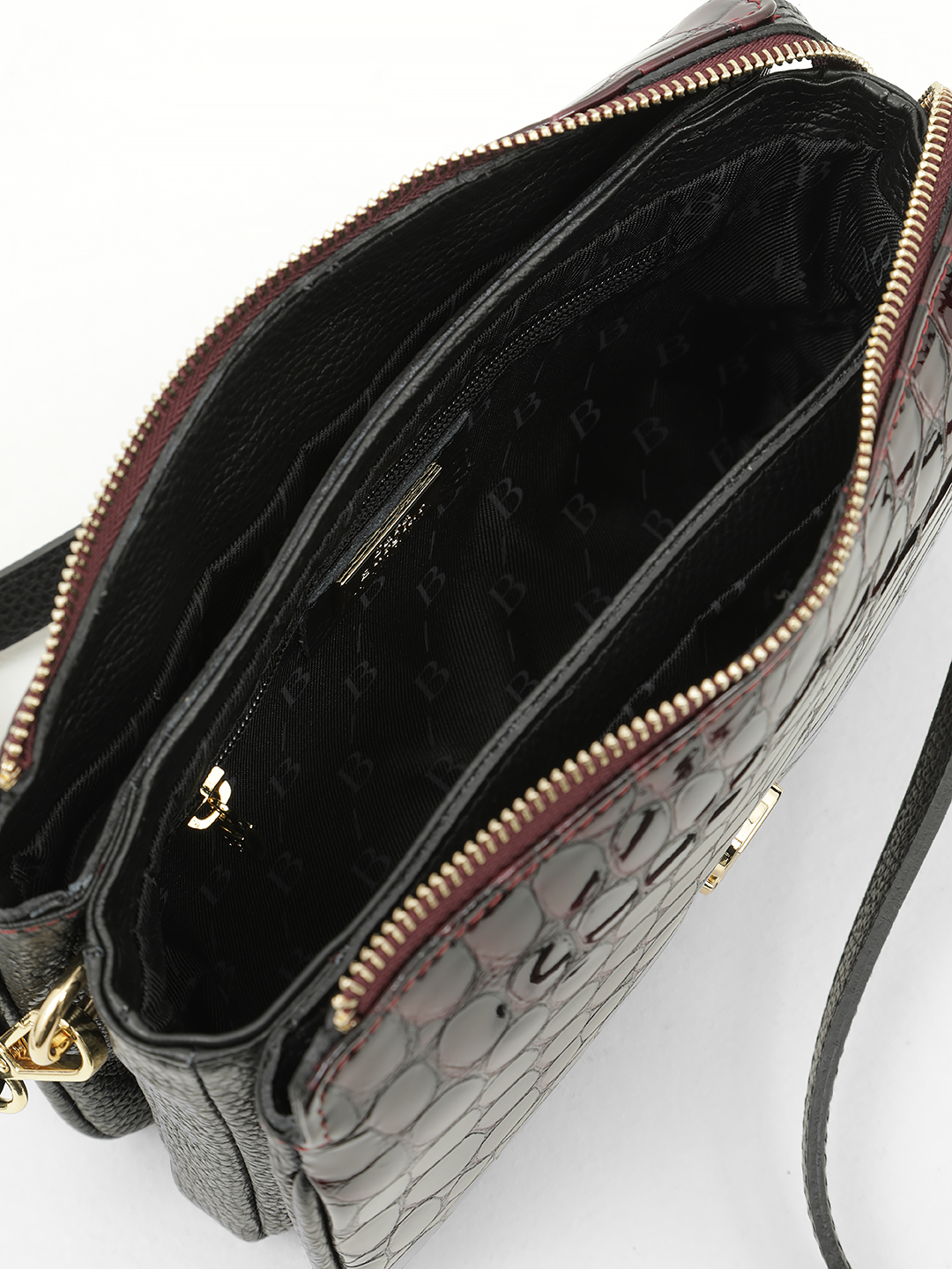 Сумка кросс-боди от Sara Bulglar прямоугольной формы из натуральной лаковой кожи винного цвета 