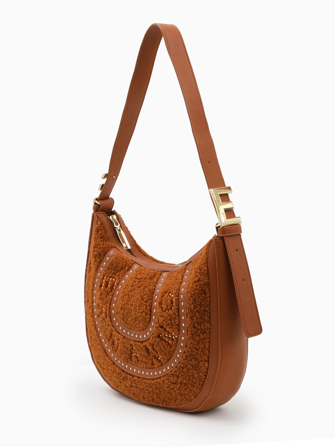 Сумка-хобо в размере "М" с надписью из металлических клёпок от ERMANNO FIRENZE оттенка загара
