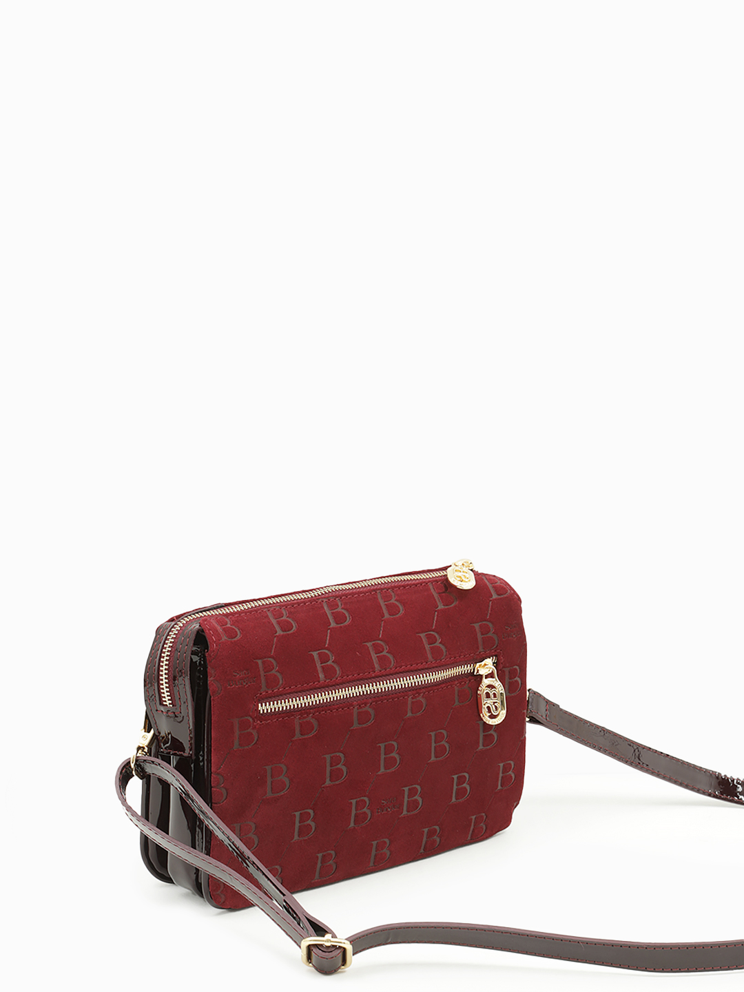 Сумка кросс-боди от Sara Bulglar прямоугольной формы из натуральной замши и лаковой кожи бордового цвета 