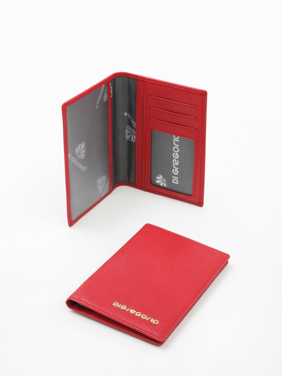 Минималистичная обложка для паспорта c золотистым логотипом Di Gregorio красного цвета