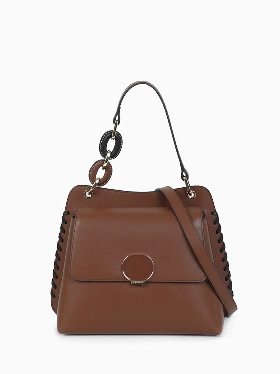 Сэтчел от бренда CROMIA в гладкой коже с оригинальной ручкой и переплетением коричнево-рыжего цвета