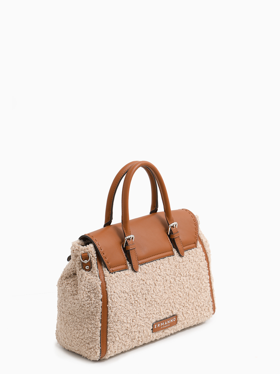 Сэтчел с брендированным ремнём и меховой отделкой от ERMANNO FIRENZE в рыжем оттенке cuoio