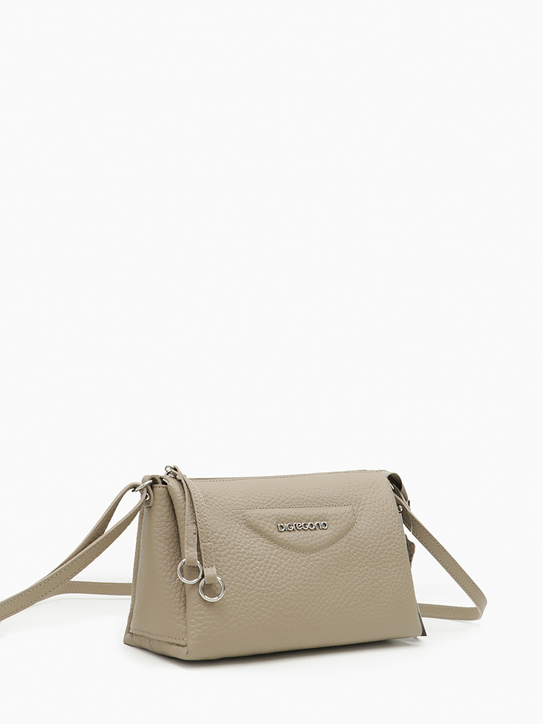 Кросс-боди с двумя кожаными пуллерами и металлическим логотипом Di Gregorio в цвете тауп с серебристой фурнитурой