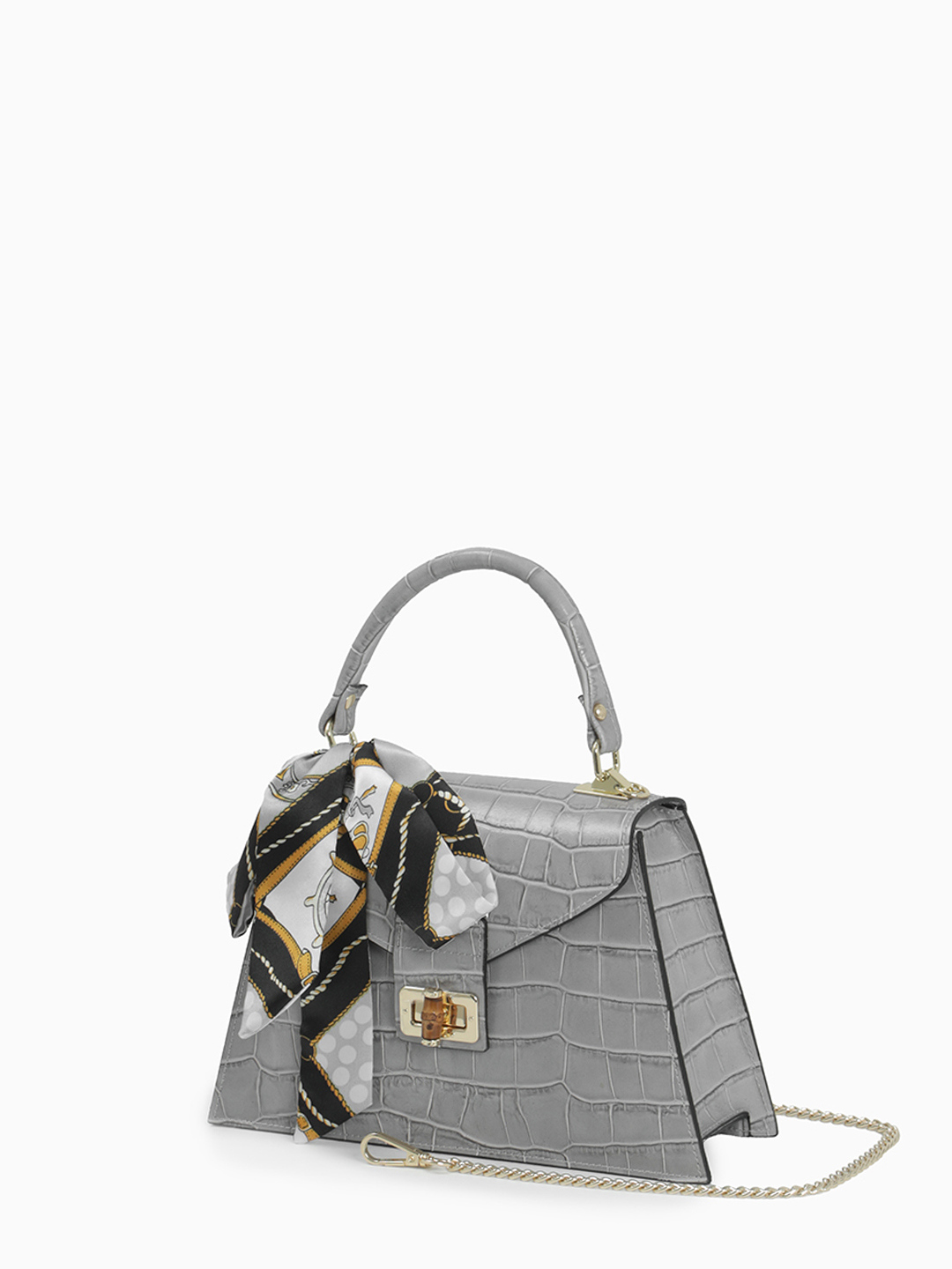 Сумка-сэтчел с поворотной фурнитурой от BE NICE из кожи под крокодила серого оттенка