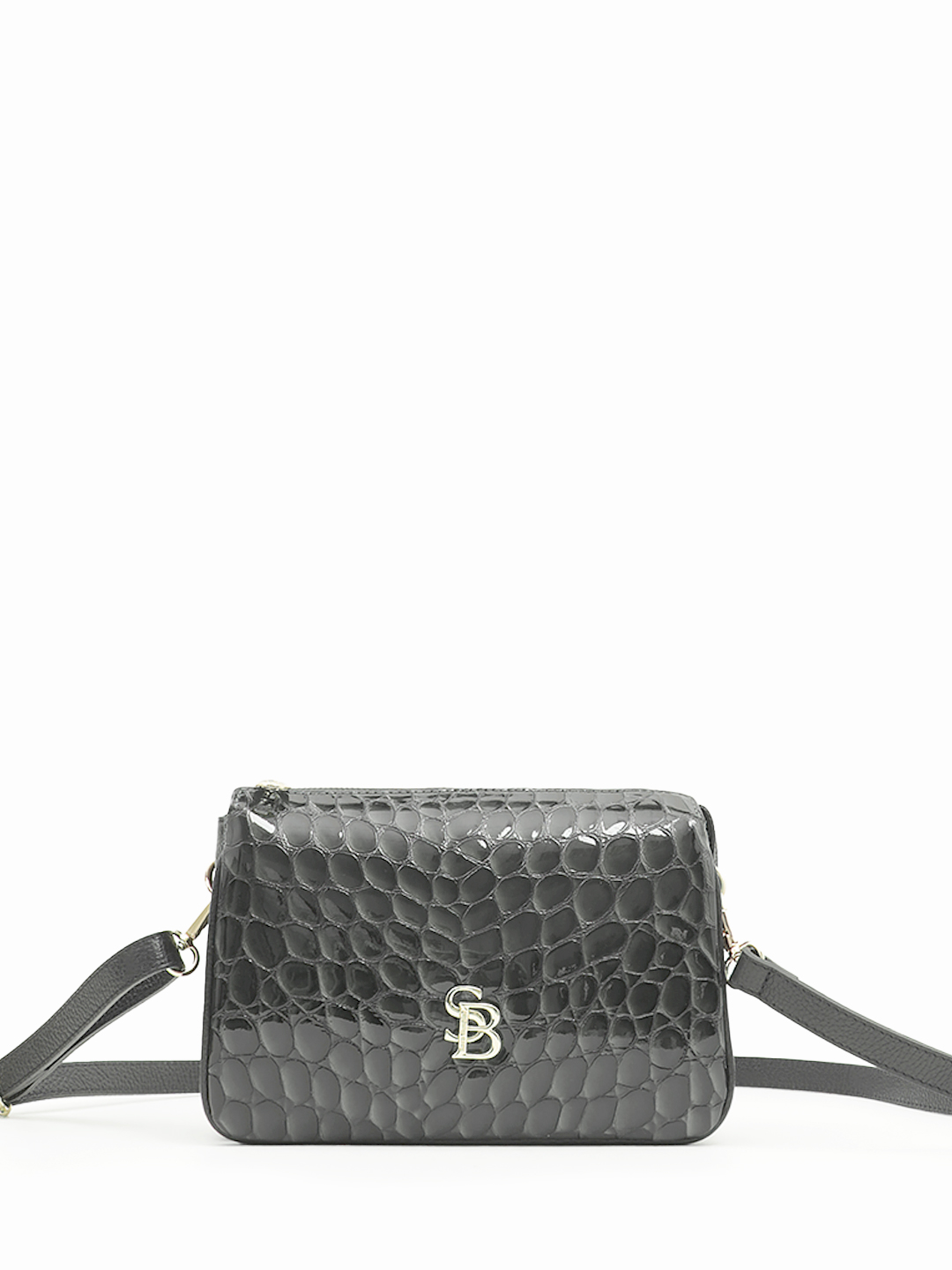 Сумка кросс-боди от Sara Bulglar прямоугольной формы из натуральной лаковой кожи серого цвета 