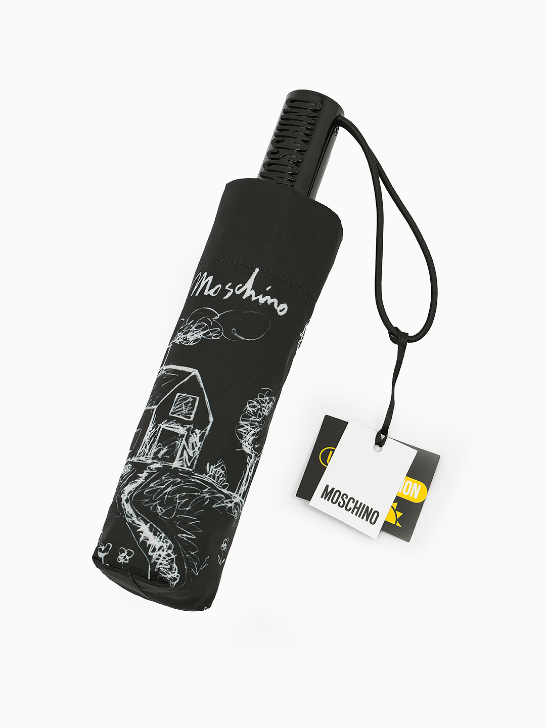 Зонт-автомат mini черного цвета с принтом детского рисунка от MOSCHINO