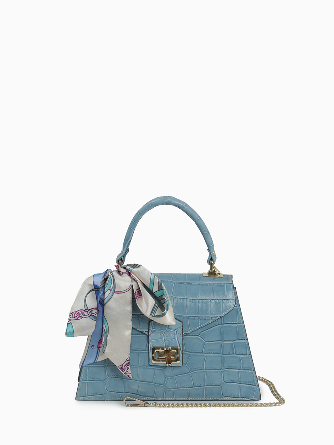 Сумка-сэтчел с поворотной фурнитурой от BE NICE из кожи под крокодила лазурного оттенка