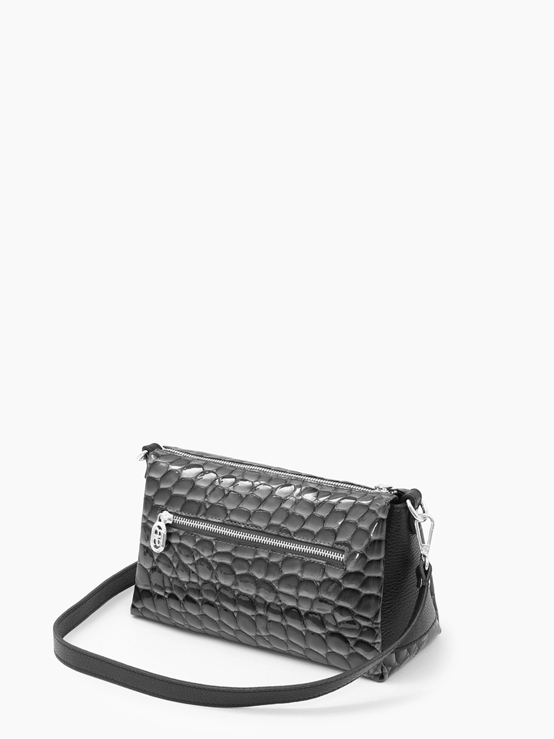 Кросс-боди из натуральной лаковой кожи под рептилию с металлическим логотипом Sara Burglar в сером цвете