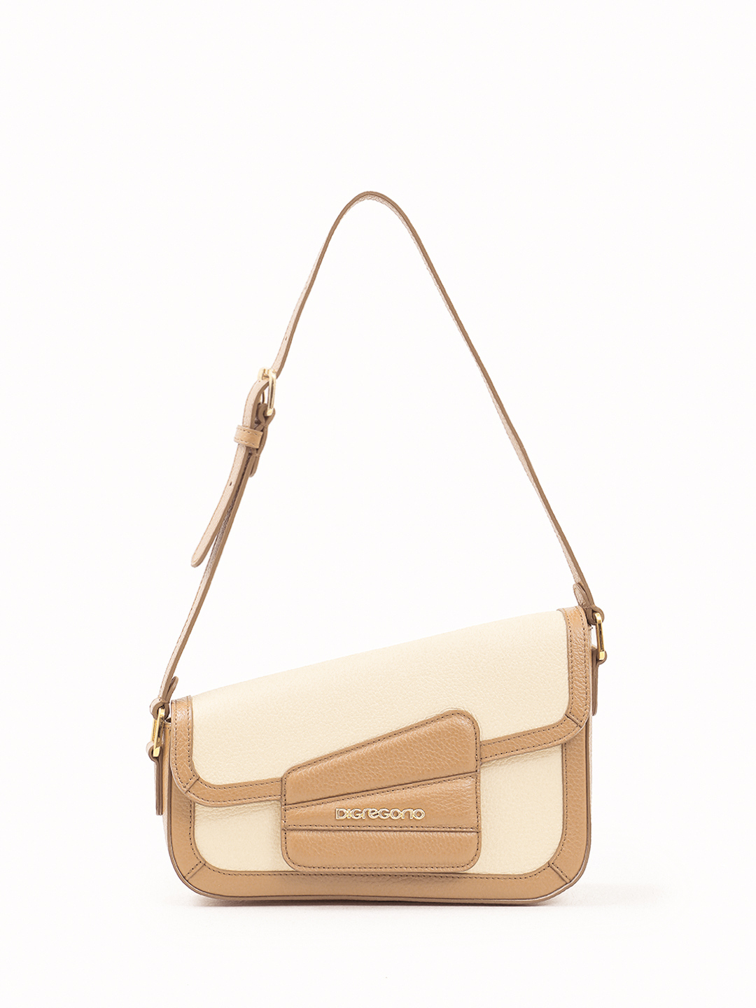 Ассиметричная сумка-багет с длинным плечевым ремнём от Di Gregorio в сочетании коричневого цвета и оттенка латте