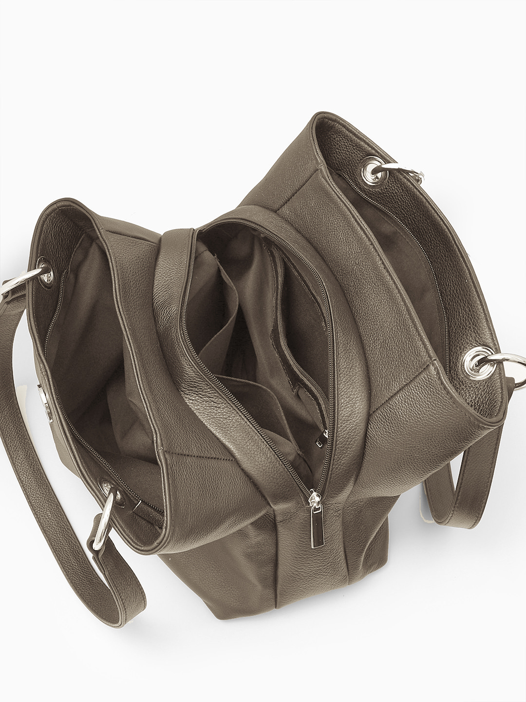 Классический шоппер с тремя отделениями и круглой фурнитурой от FOLLE оттенка тауп