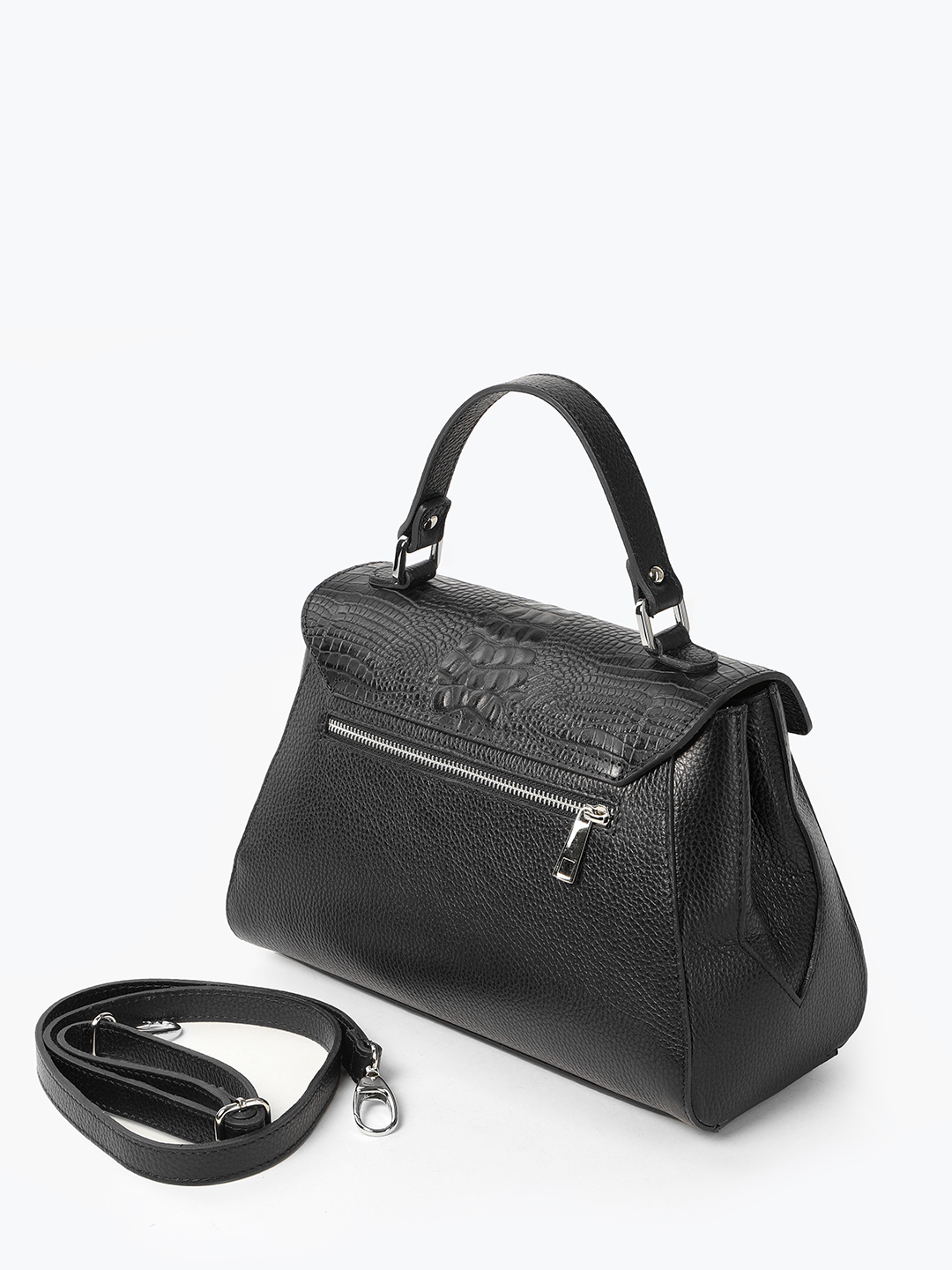 Сумка-сэтчел с изогнутым клапаном под крокодила от FOLLE в чёрном цвете