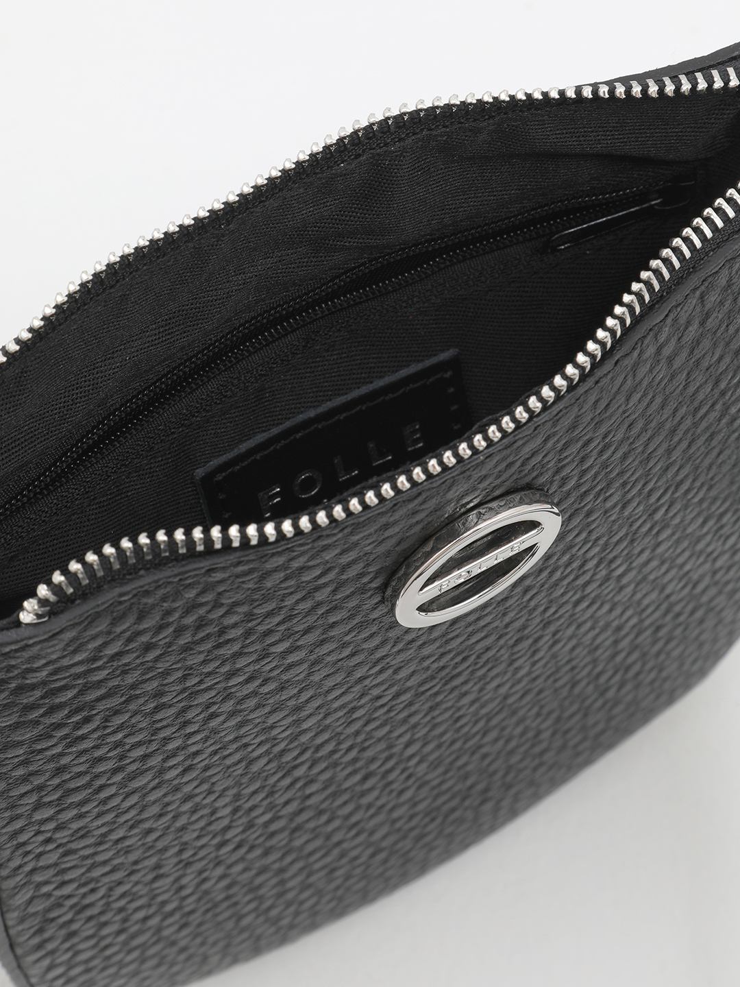 Полукруглая сумка через плечо с логотипом FOLLE из крупнозернистой кожи черного цвета