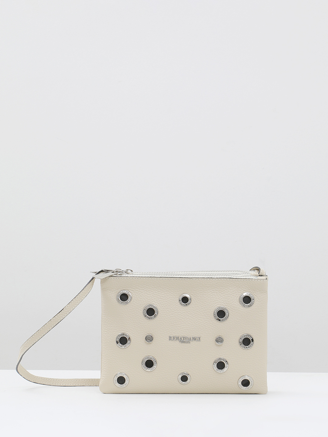 Бежевая кросс-боди с серебристыми люверсами от Renato Angi