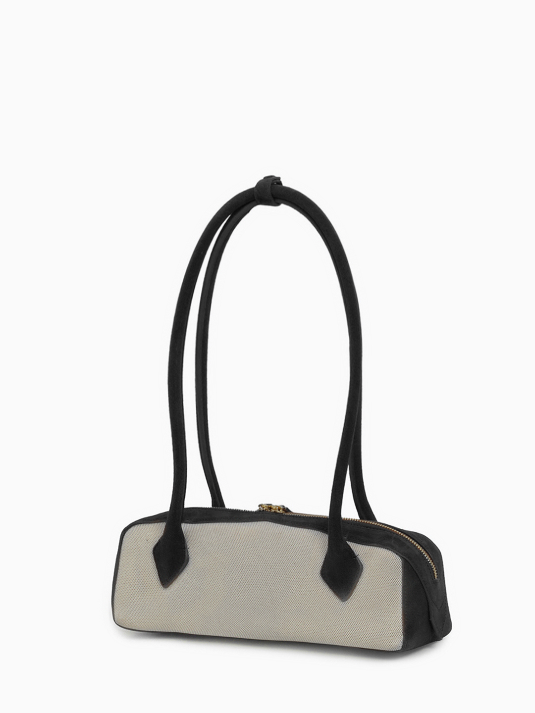 Сумка-багет с двумя длинными ручками от IVORY в сочетании ткани под лён и замши чёрного цвета